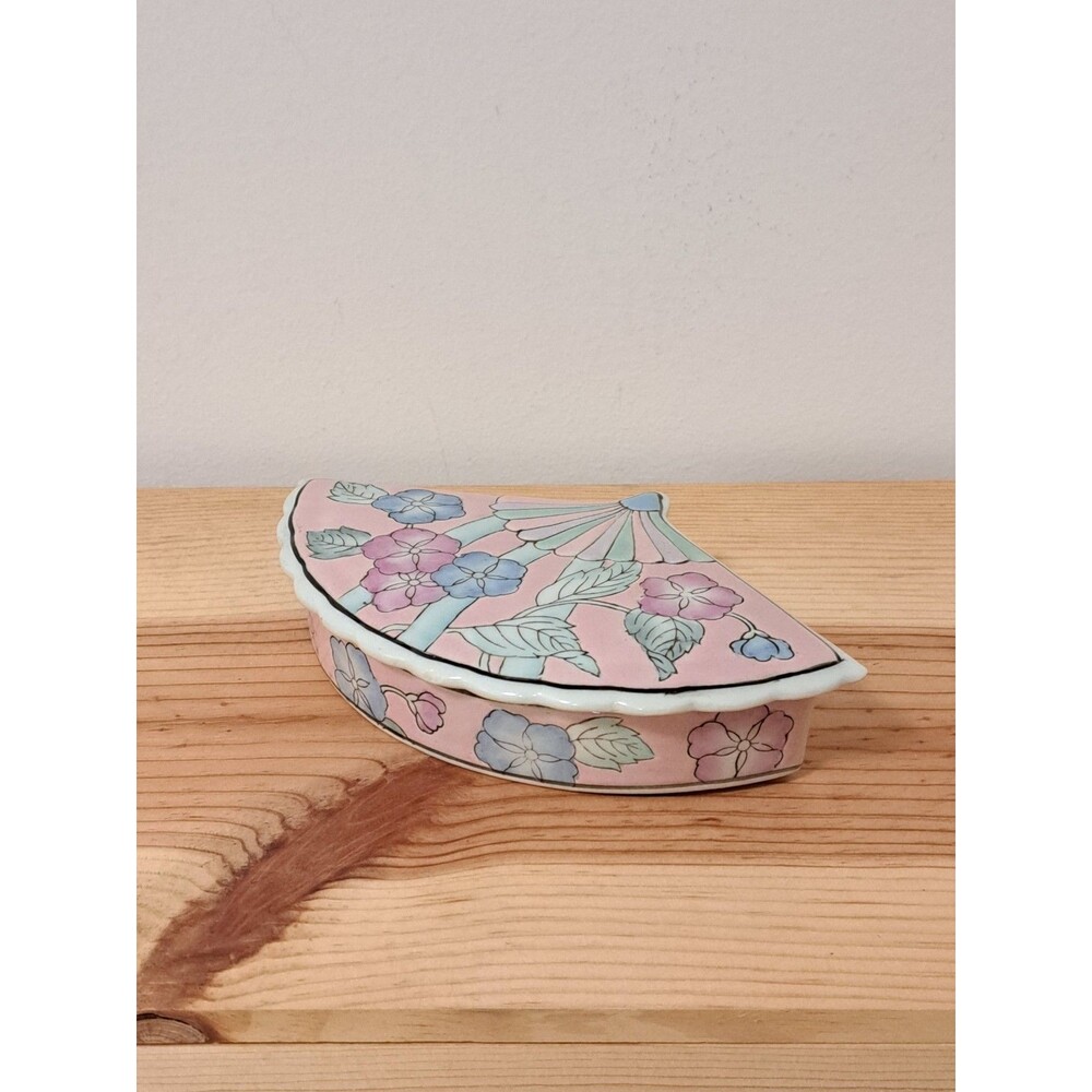 Vintage Floral Design Porcelain Fan Shaped Dish With Lid